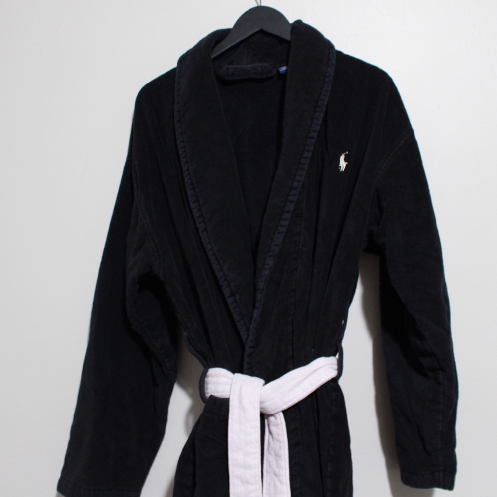 Ralph Lauren long cotton robe in black OS